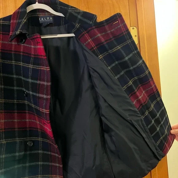 Ralph By Ralph Lauren 100% Wool Coat Double Breasted Red Navy Vintage 90s Large - Picture 10 of 13